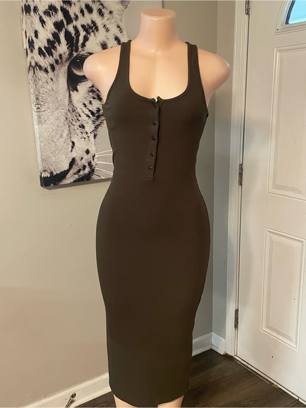 H&M Olive Ribbed Tank button top Midi Jersey Dress with Button Placket size XS
